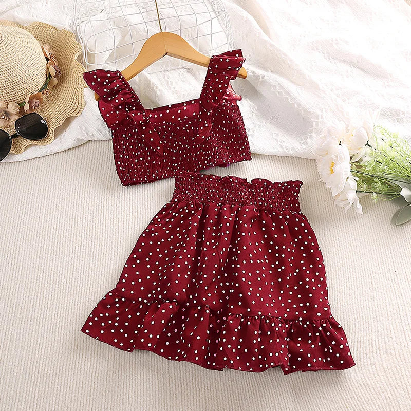 Conjunto de roupas para meninas 5-12t tricolor opcional manga voadora gola quadrada colete top + saias de renda crianças meninas conjunto de roupas de bebê