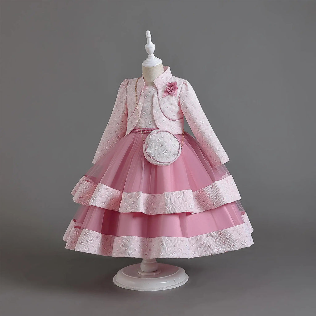 Novo outono/inverno vestido de festa de manga longa elegante menina bordado vestido de desempenho de natal saco de presente para crianças de 3 a 11 anos