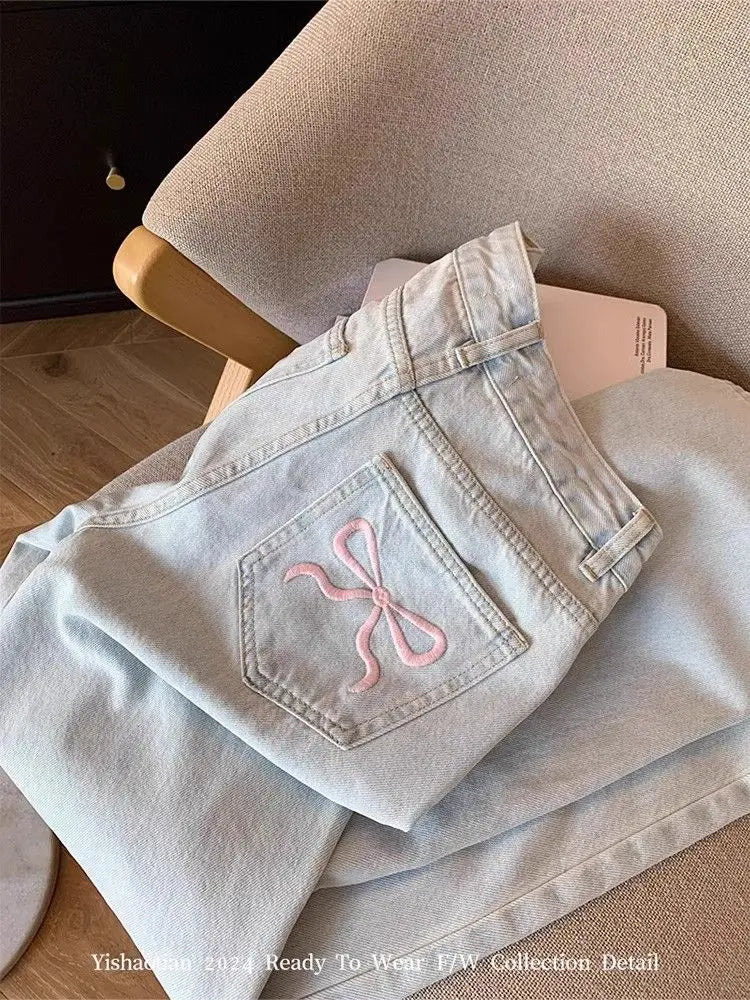 Mulheres casual solto ajuste jeans calças relaxadas cintura alta perna larga lavagem leve bordado plus size conforto jeans feminino