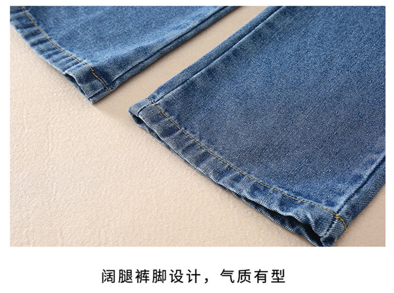 Jeans casuais soltos para meninas, calças longas retas para a escola, perna larga, para crianças de 5 a 14 anos, outono