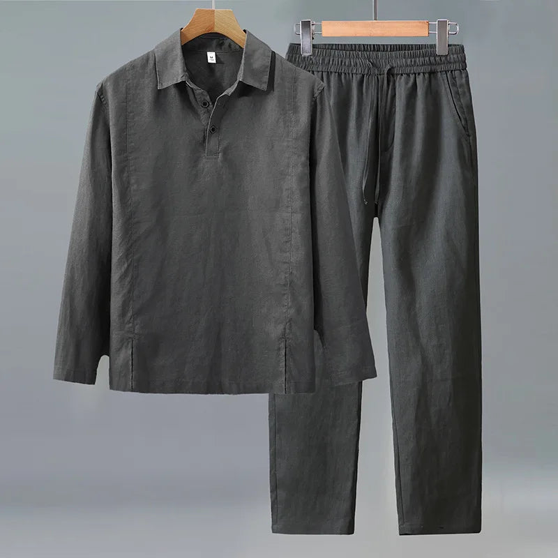 Camisa de Linho Pura de Manga Longa para Homens, Camiseta Leve e Respirável, Conjunto de Calças Casuais de Linho para Primavera e Outono