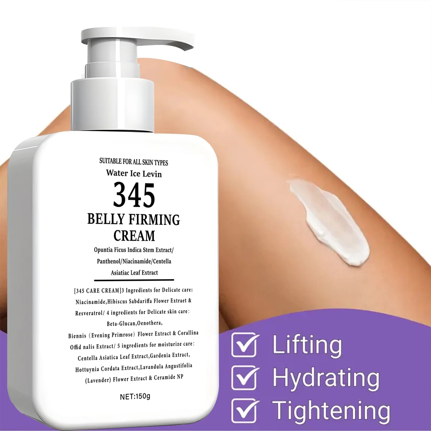 345 Extrato de haste de opuntia de creme reafirmante para barriga. Niacinamida Pantenol. Alvos Crepey Skin. Apertar firmes. Todos os tipos de pele. 150g.