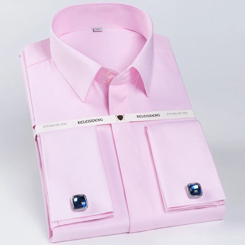 Camisa masculina clássica com punho francês, botão oculto, manga comprida, formal, ajuste padrão, camisas brancas (abotoaduras incluídas)