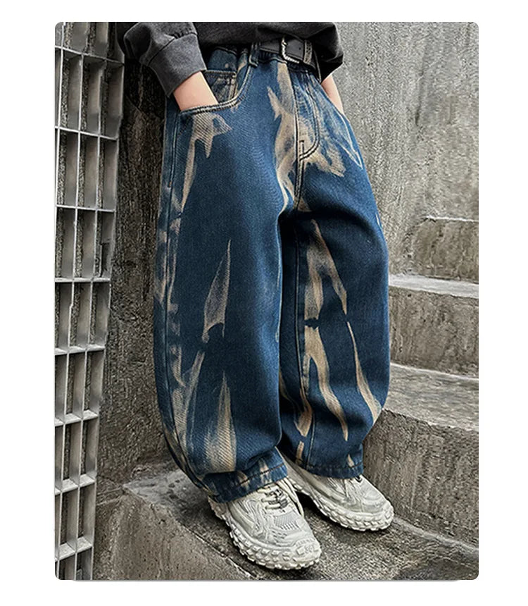 Crianças graffiti jeans meninos primavera e outono 2025 novas crianças adolescentes bonito meninos perna reta solta calças de perna larga