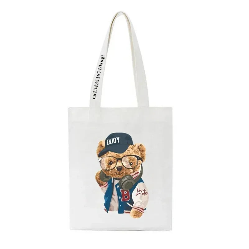 Moda urso impressão eco mulheres sacos de ombro bolsa feminina lona saco de compras casual grandes senhoras viagem totes sacos