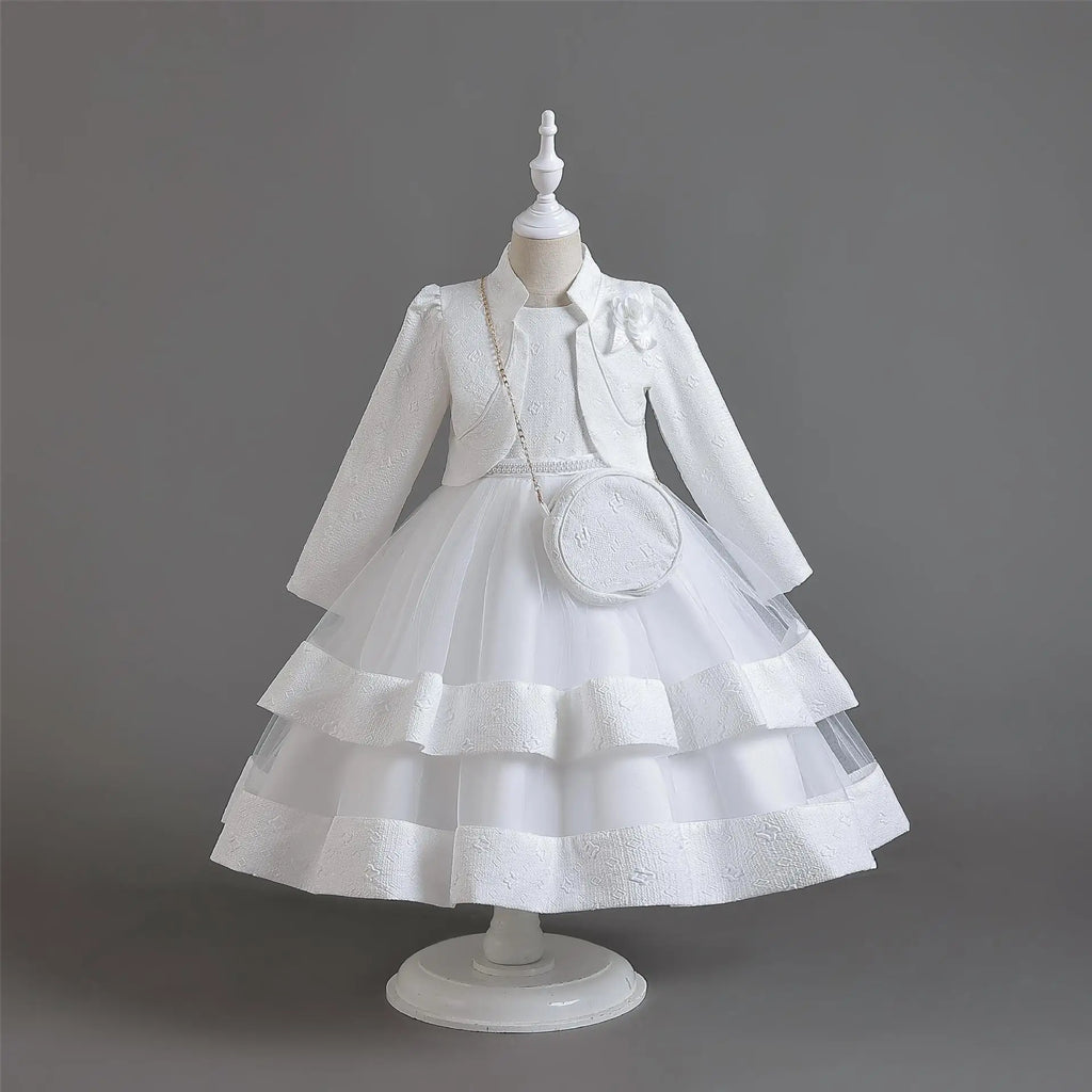 Novo outono/inverno vestido de festa de manga longa elegante menina bordado vestido de desempenho de natal saco de presente para crianças de 3 a 11 anos