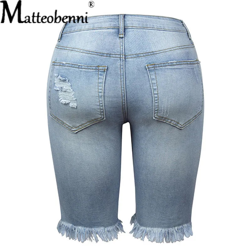 Calça jeans rasgada feminina com borla, calça elástica alta, cintura média, cinco pontos, buraco fino, shorts casuais femininos, verão, rua