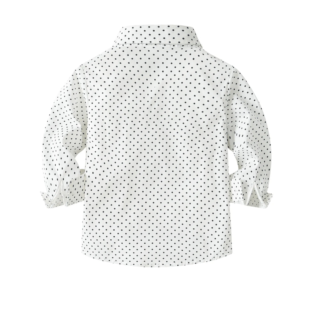 Camisa estampada às bolinhas com calças sólidas para meninos, conjunto de arco suspensor infantil, roupa de cavalheiro, traje de aniversário, 2 a 6 anos, primavera
