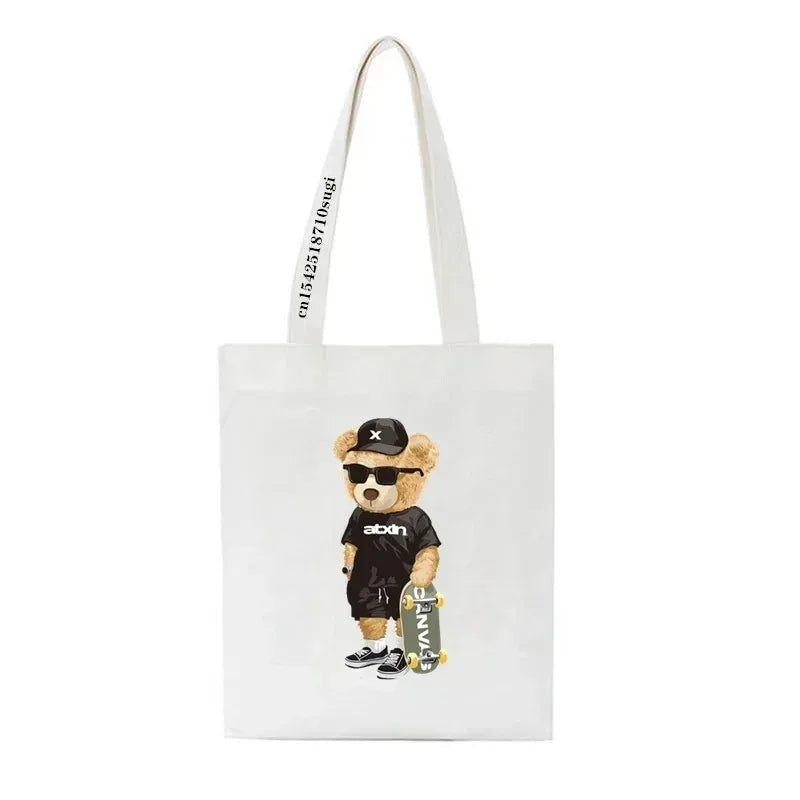 Moda urso impressão eco mulheres sacos de ombro bolsa feminina lona saco de compras casual grandes senhoras viagem totes sacos