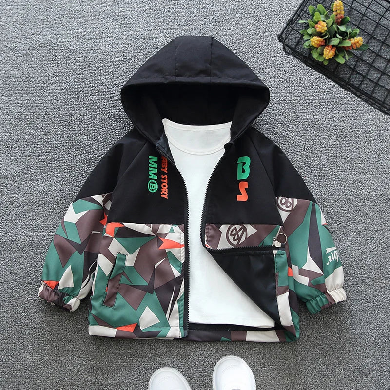 Meninos outono jaquetas com capuz primavera crianças zíper fino blusão casaco casual impressão meninas outerwear crianças trench roupas 2-8y