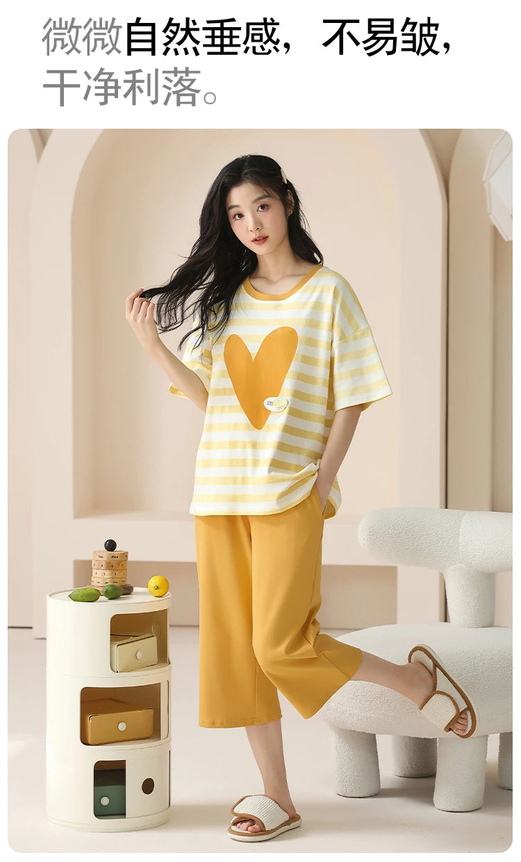 SUKAE-Conjunto de Pijamas dos desenhos animados das mulheres, 100% algodão, calça curta na altura do joelho, pijamas, capris loungewear, pijamas de verão, M-4XL