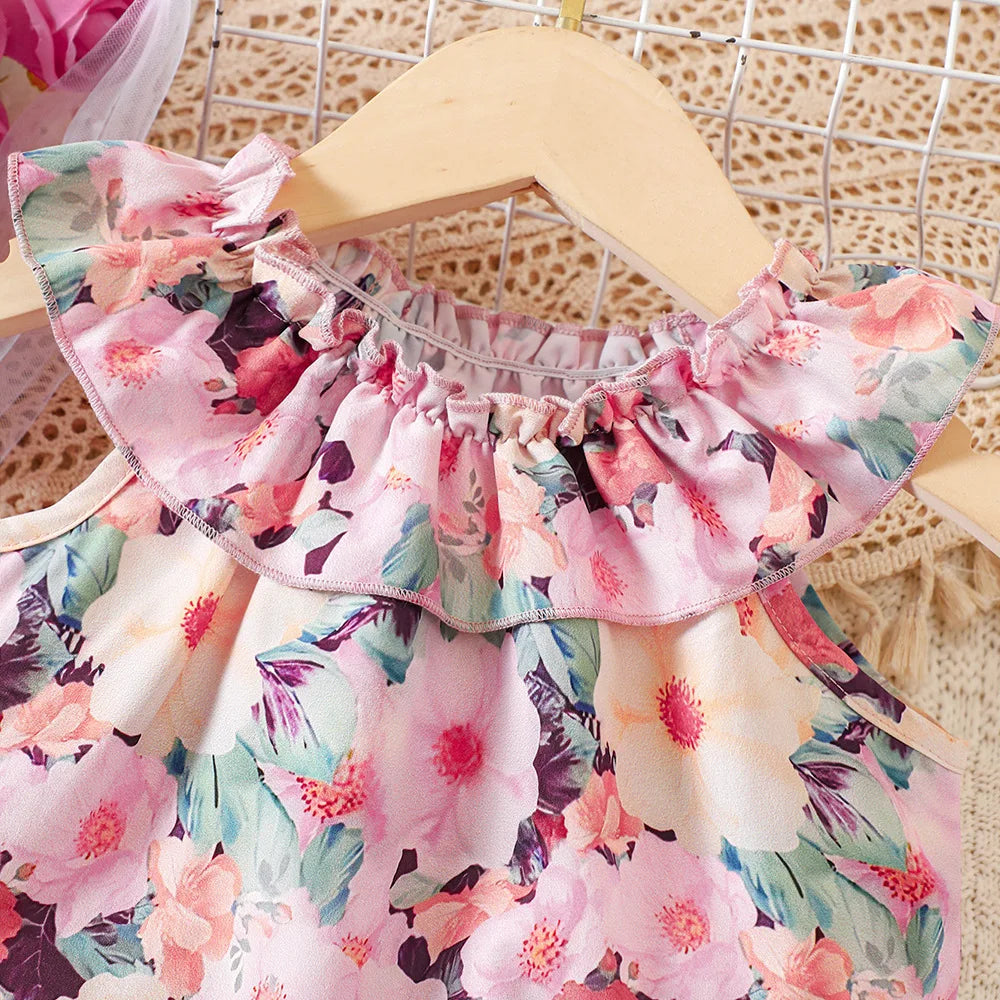 Conjuntos de Roupas Casuais de Verão para Meninas 2026 Novo Conjunto Infantil com Estampa Floral e Babados, Blusas e Calças Curtas, Moda para Crianças de 1 a 8 Anos