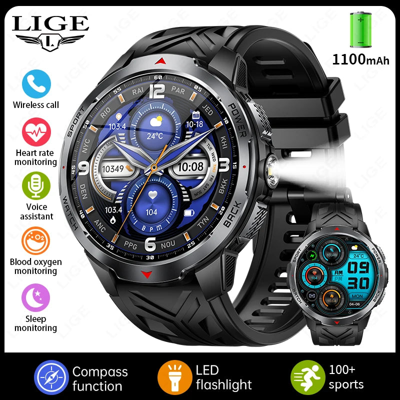 Relógios Inteligentes LIGE Novos com Bateria de 1100mAh para Homens, Esportes ao Ar Livre, Lanterna LED, Bússola, Relógio Inteligente Masculino com Chamada Bluetooth