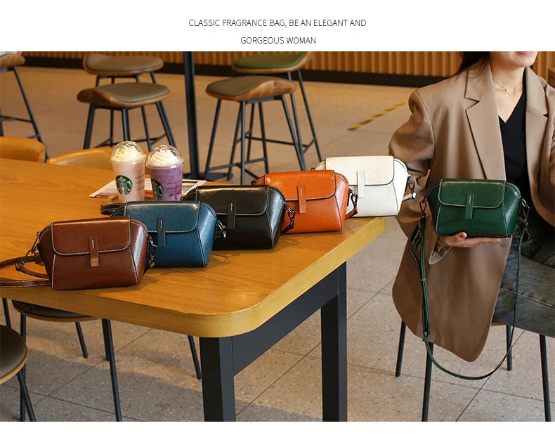 Bolsa transversal pequena de couro legítimo com acabamento em cera de óleo para mulher, bolsa fashion versátil em formato de concha, bolsa casual para celular.