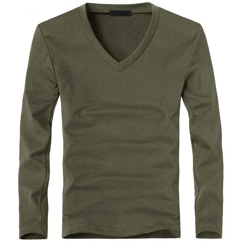Camiseta Masculina Elástica 2026 com Decote em V e Manga Longa, Camisetas para Homens, Roupas Masculinas, Camiseta Nova em Cores Sólidas