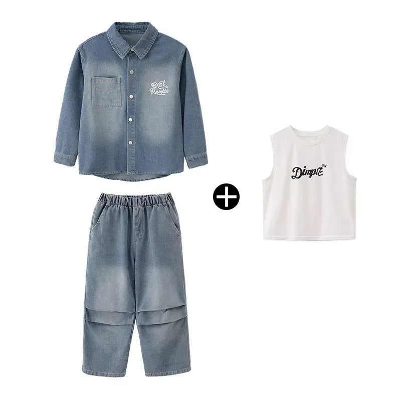 Crianças menino menina solta casual streetwear moda hip hop crianças denim camisa calça jeans define ternos agasalho roupas de palco traje