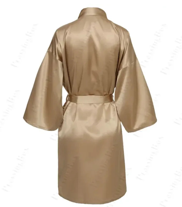 Robe noturno de cetim sólido, roupão elegante de meia manga com decote em V e cinto, roupa de dormir feminina