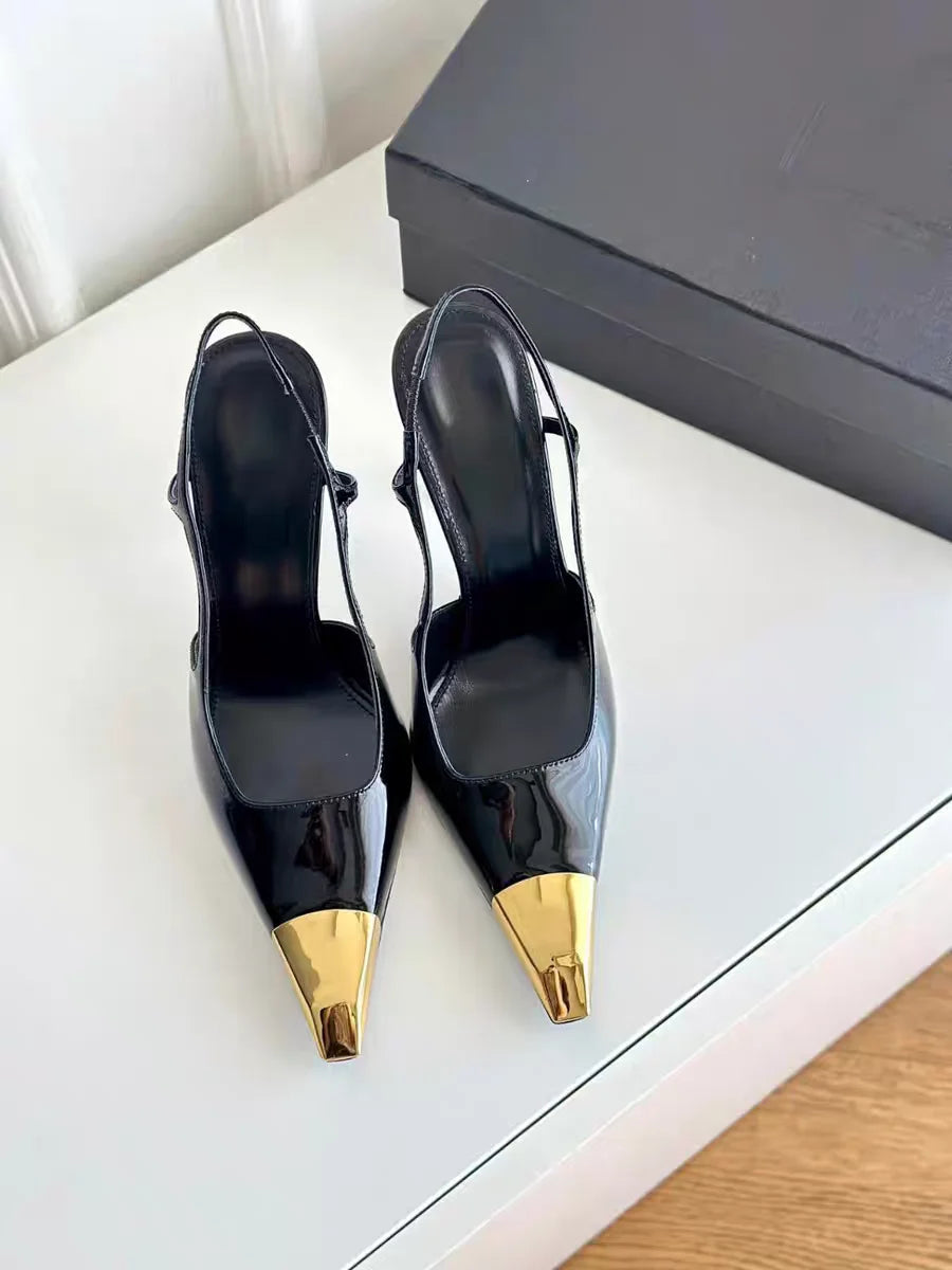 Novo verão sandálias femininas de salto alto ouro cabeça de ferro couro patente preto stiletto cabeça quadrada dedo do pé fechado estilingue volta sapatos