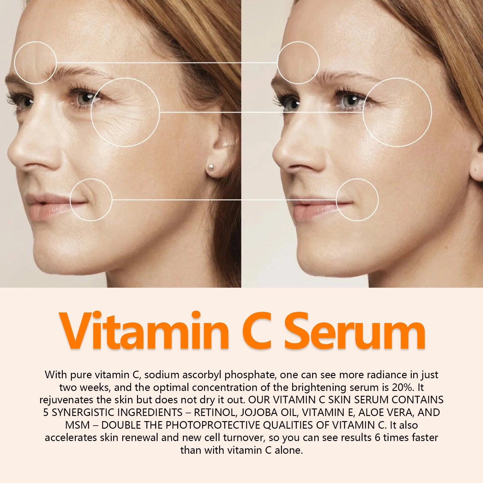 O soro facial com vitamina C reduz linhas finas e ilumina a pele naturalmente sem adição de retinol, óleo de jojoba, produtos de cuidados faciais