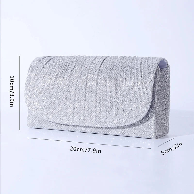 Bolsa de Noite Prateada com Glitter para Mulheres, Elegante e Fashion, Bolsa Longa com Cadeado, Clutch para Casamentos e Festas