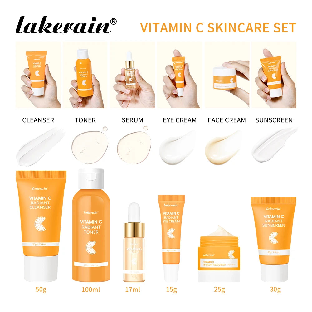 Lakerain vitamina c conjunto de cuidados com a pele 6 pçs kit creme de clareamento manchas escuras soro círculo escuro olho hidratante facial kits de clareamento