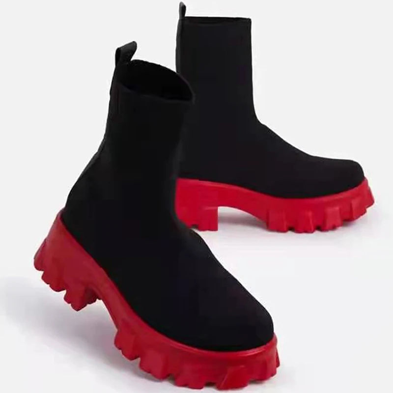 Botas femininas botas de plataforma elástica respirável primavera verão saltos botas mujer deslizamento em botas de tornozelo mulher elegante sapatos de salto