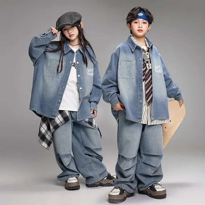 Crianças menino menina solta casual streetwear moda hip hop crianças denim camisa calça jeans define ternos agasalho roupas de palco traje