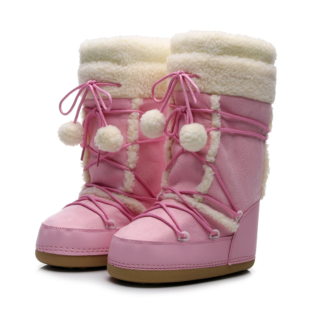 Botas de inverno rosa botas de neve femininas sola grossa botas de esqui quentes meados de bezerro botas de espaço antiderrapantes sapatos de algodão navio livre