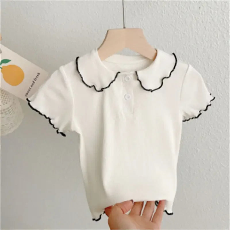T-shirts de Peter Pan Collar infantil, infantil, meninas, fofo, casual, sólido, preto, branco, estilo coreano, verão, nova chegada, 2022