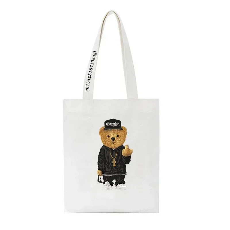 Moda urso impressão eco mulheres sacos de ombro bolsa feminina lona saco de compras casual grandes senhoras viagem totes sacos
