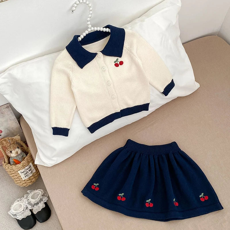 2025 novo outono 0-5yrs bebê meninas conjunto de roupas manga comprida malha cardigan casaco + saia curta crianças roupas de malha terno