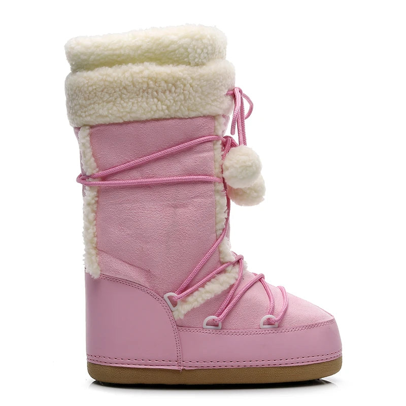 Botas de inverno rosa botas de neve femininas sola grossa botas de esqui quentes meados de bezerro botas de espaço antiderrapantes sapatos de algodão navio livre