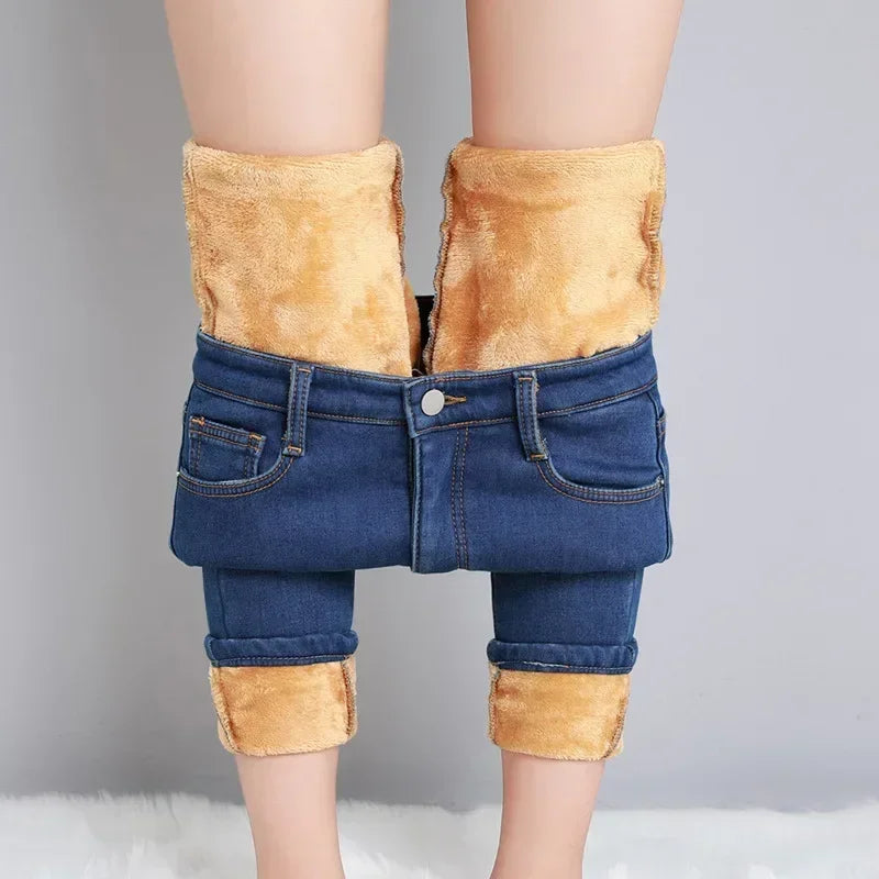 Inverno senhora térmica quente jeans de pelúcia magro estiramento jeans senhora fino ajuste lápis calças meninas perna reta denim