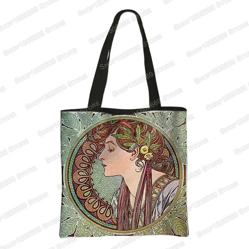 Alphonse Beauty Print Bolsa para Mulheres, Sacos De Compras De Armazenamento Reutilizável, Totes Casuais, Pintura A Óleo, Elegante Senhoras Tote