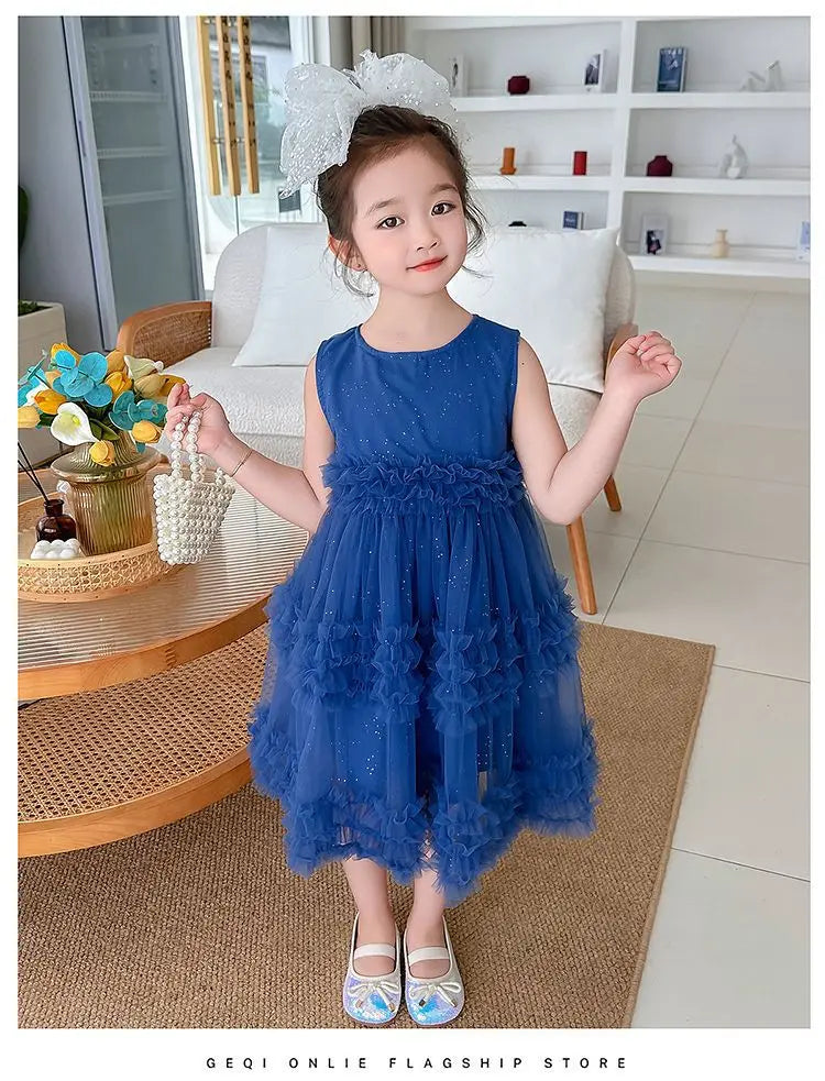 Novo Vestido Estilo Coreano 2026 para Crianças, Vestido de Verão Doce com Alças e Tule para Meninas
