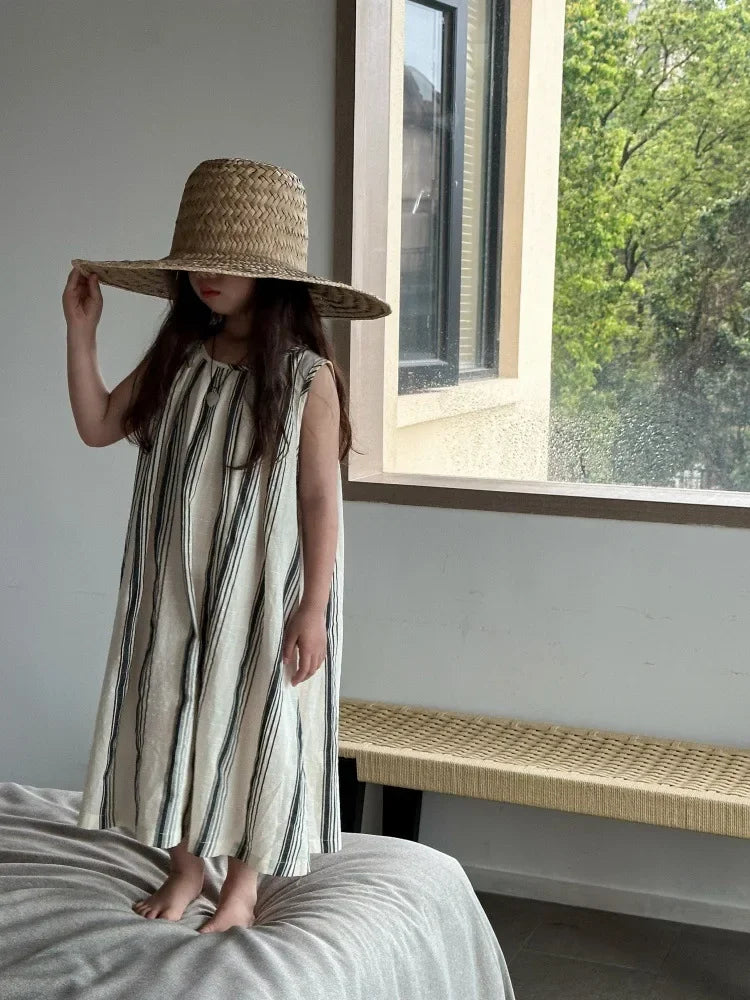 Crianças roupas meninas vestido sem mangas nova moda verão 2025 estilo coreano listra vertical francês retro vestido de férias