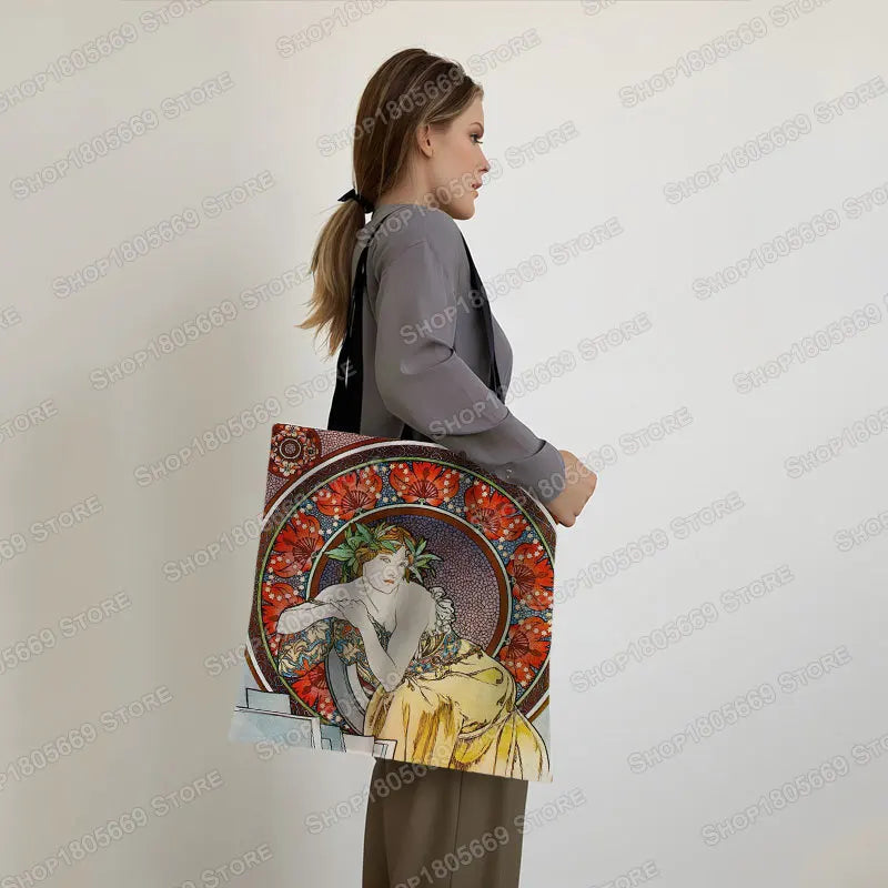 Alphonse Beauty Print Bolsa para Mulheres, Sacos De Compras De Armazenamento Reutilizável, Totes Casuais, Pintura A Óleo, Elegante Senhoras Tote