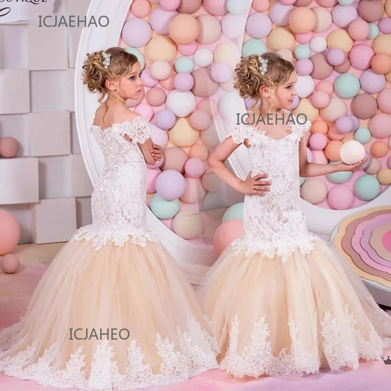 Bebê flor menina vestido crianças rendas longo noite crianças vestidos para casamento bridesmade baile de formatura sereia vestido festa formal vestidos de baile