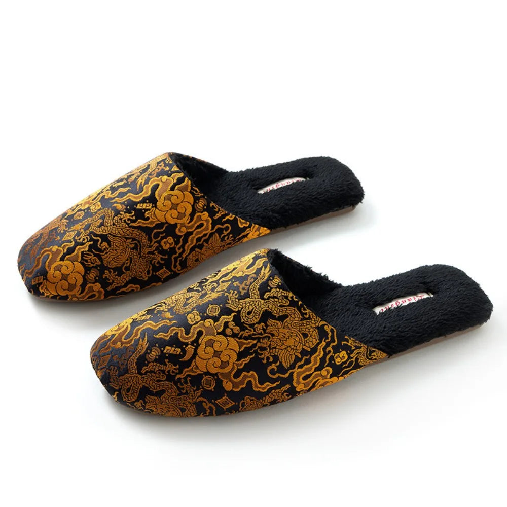 Chinelos de casa femininos homens inverno calor chinelos interiores senhoras sapatos bordados flor chinelos para mulher sapatos de casa