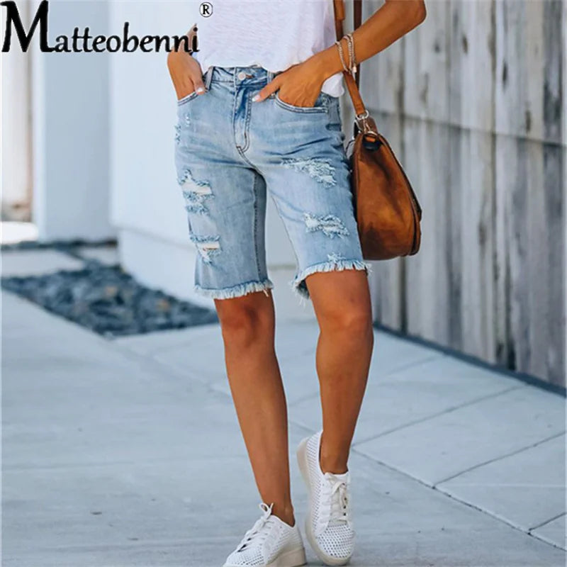 Calça jeans rasgada feminina com borla, calça elástica alta, cintura média, cinco pontos, buraco fino, shorts casuais femininos, verão, rua