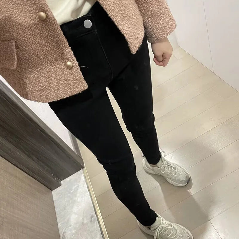 Inverno senhora térmica quente jeans de pelúcia magro estiramento jeans senhora fino ajuste lápis calças meninas perna reta denim