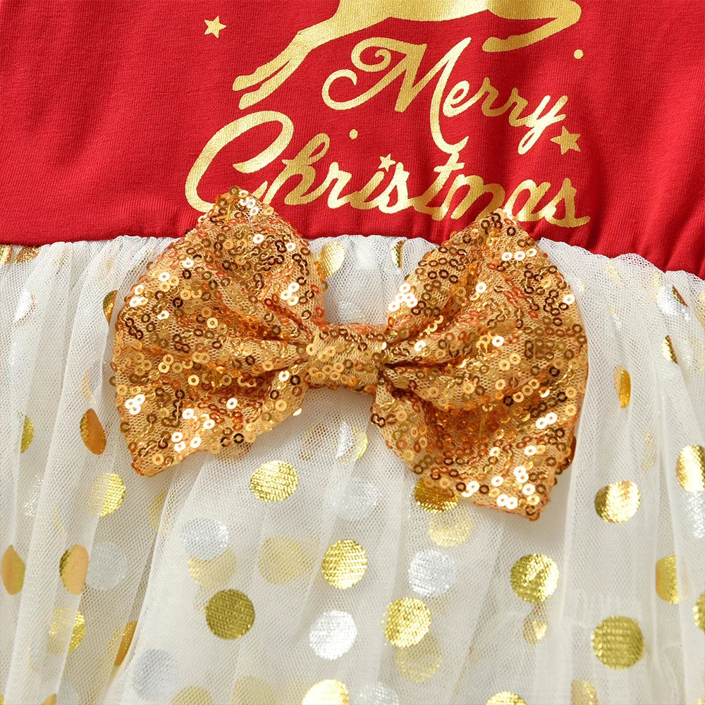 DXTON-Girls' Sequin Elk Dress, Roupa de Criança, Princess Party Dress, Manga Voadora, Inverno, Natal, Ano Novo, Bebé, 2022