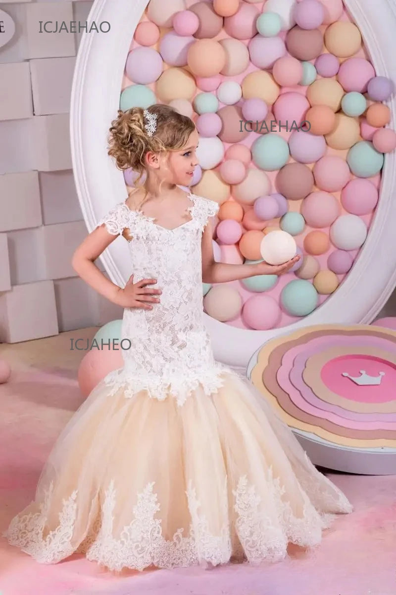 Bebê flor menina vestido crianças rendas longo noite crianças vestidos para casamento bridesmade baile de formatura sereia vestido festa formal vestidos de baile