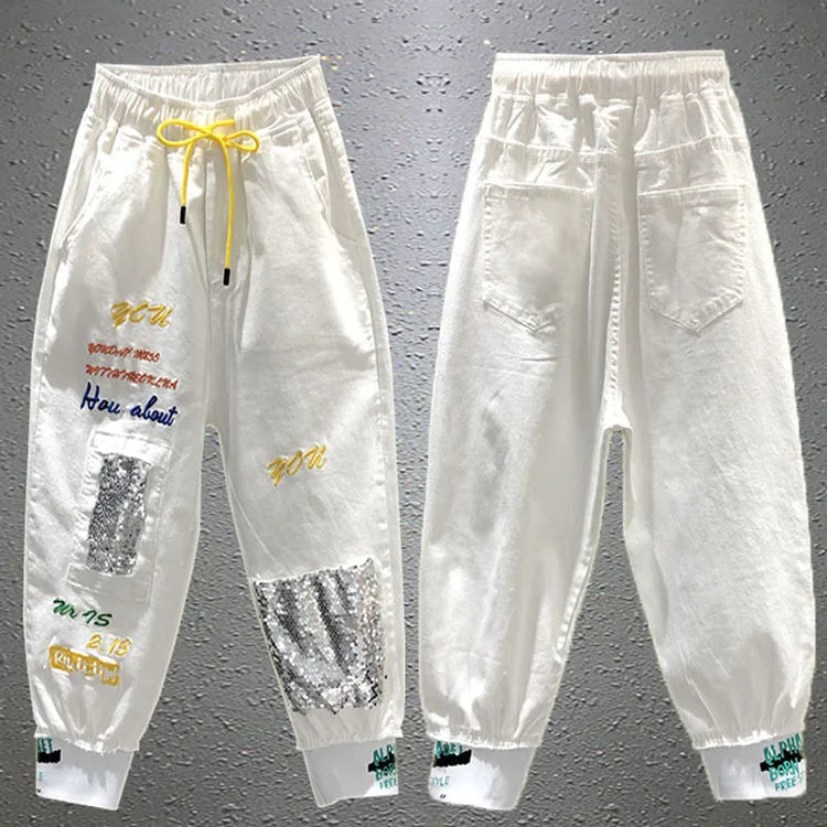 Jeans rasgado feminino, calça estampada com letras de rock feminino, calça de verão, Capris BF Jeans, rua alta, novo