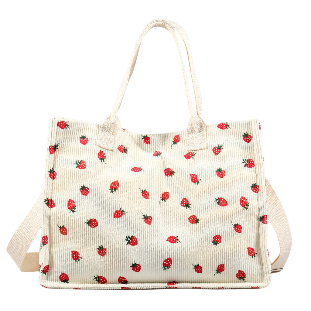 Bolsa tote fofa de morango com remendo para mulheres, bolsa tote de tecido de grande capacidade, sacola duradoura com ombro ajustável