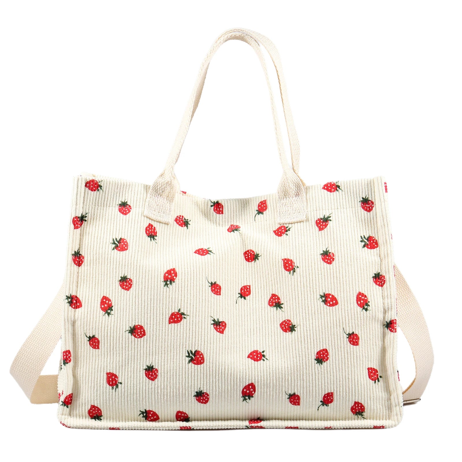 Bolsa tote fofa de morango com remendo para mulheres, bolsa tote de tecido de grande capacidade, sacola duradoura com ombro ajustável