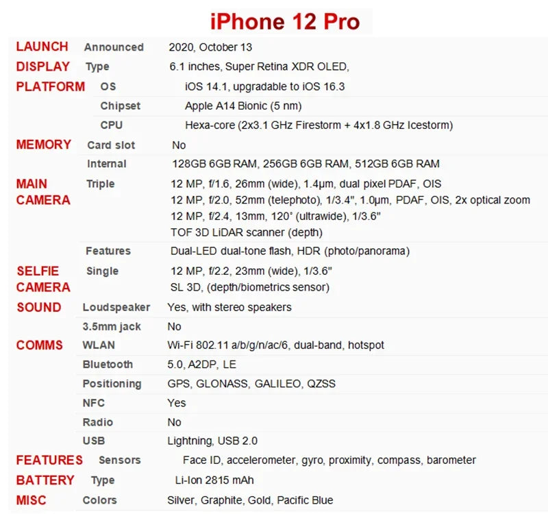 iPhone 12 Pro Smartphone 6GB RAM 12Pro 6,1" IOS Face ID desbloqueado 5G 12Pro Celular original