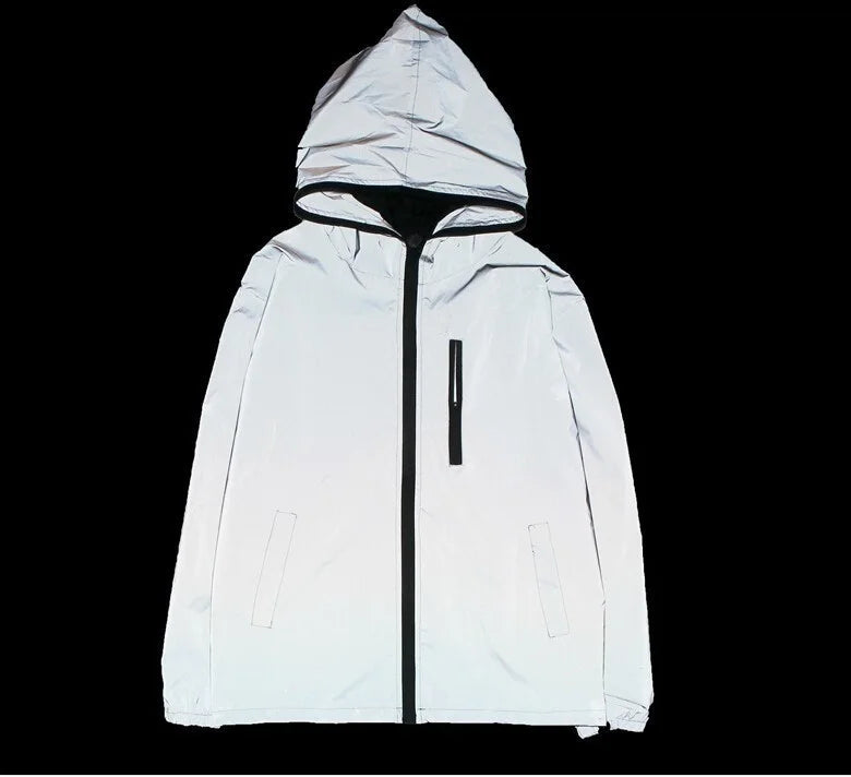 Jaqueta reflexiva completa masculina casual feminino blusão hip hop casaco com capuz à prova dwaterproof água impresso streetwear noite jaquetas brilhantes 5xl