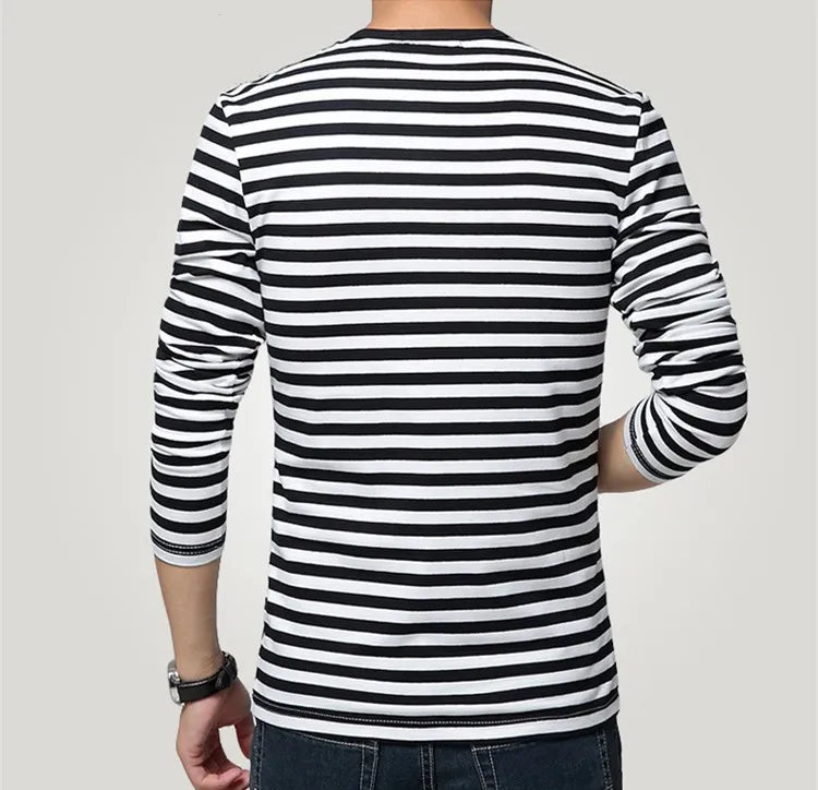 Estilo marinho camisa de manga longa masculina camiseta o pescoço listra t camisa masculina camisa marinha vintage básico 95% algodão camisa