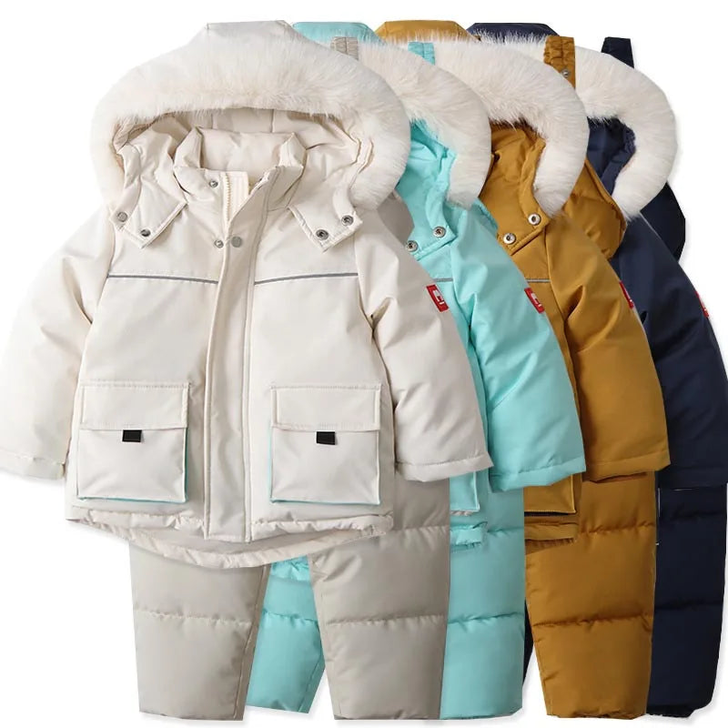Terno de esqui infantil, jaqueta e calças à prova de vento e à prova d'água, casaco de neve, macacão, calças para baixo, parkas, conjuntos macios e quentes